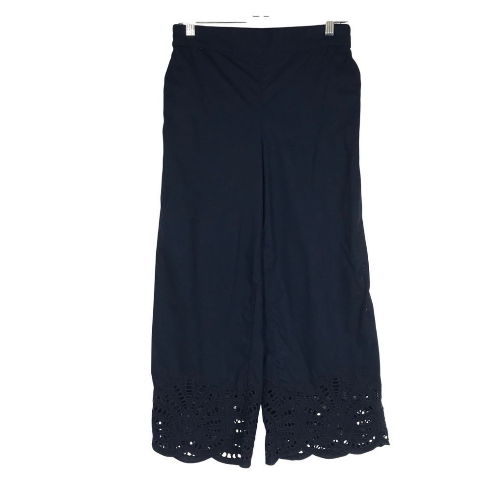 Talbots Navy Blue Eyelet‎ Lace Hem Wide Leg Culotte Pants Petite SP